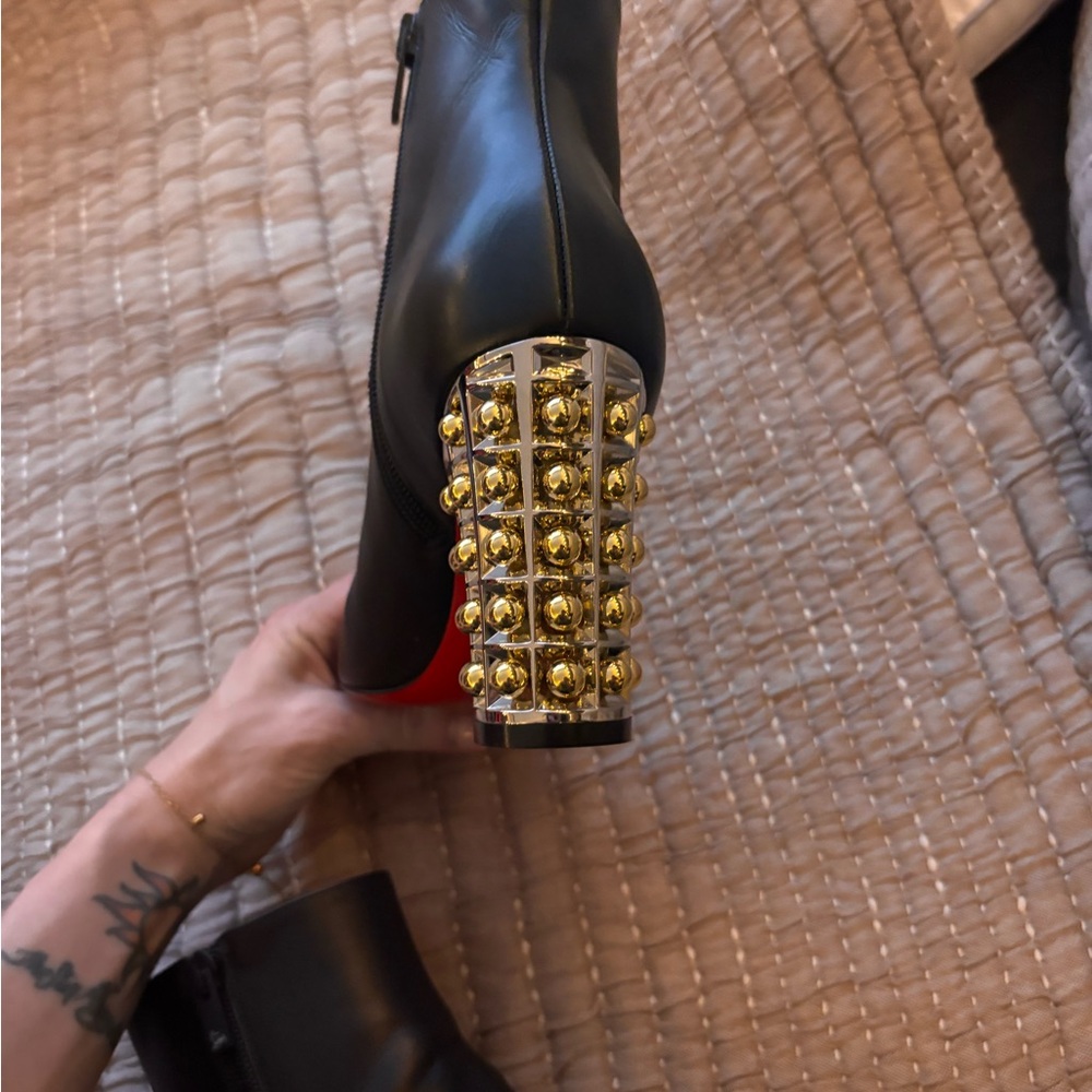 NEW Christian Louboutin Red Bottoms Black Booties with Gold Studded Block Heel - Picture 7 of 12